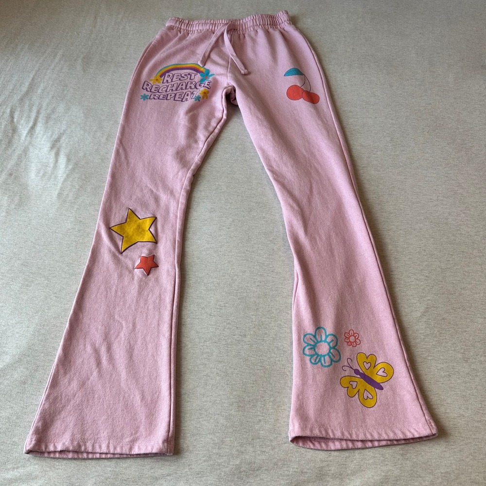 Recycled Threads Pink Flare Graphic Sweatpants Rest‎ Recharge Repeat Small